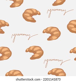Seamless pattern with tasty fresh crunchy croissants, breadcrumbs. Background for design menu cafe, bistro, restaurant, label and packaging