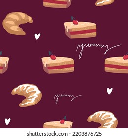 Seamless pattern with tasty fresh crunchy croissants, breadcrumbs. Background for design menu cafe, bistro, restaurant, label and packaging.