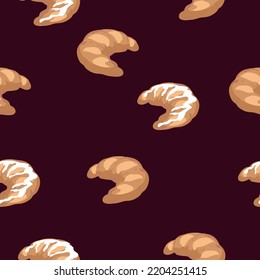 Seamless pattern with tasty fresh crunchy croissants, breadcrumbs. Background for design menu cafe, bistro, restaurant, label and packaging.