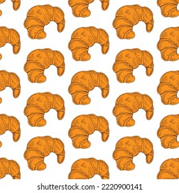 Seamless pattern with tasty fresh crunchy croissants, breadcrumbs. Background for design menu cafe, bistro, restaurant, label and packaging.