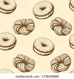 Seamless pattern with tasty fresh donuts, wicker buns, and croissants, hand drawn style. Vector background.