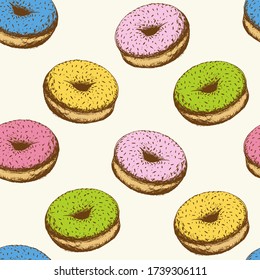 Seamless pattern, tasty fresh  donuts with colorful glaze, hand drawn style. Vector background for design menu cafe, bistro, restaurant, label, packaging, textile, scrapbooking paper, wallpaper.