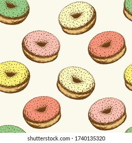 Seamless pattern, tasty fresh  donuts with glaze, hand drawn style. Vector illustration,Background for design menu cafe, bistro, restaurant, label, packaging, textile, scrapbooking paper
