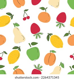 Seamless pattern with tasty fresh fruits: cherry, apple, strawberry, lemon, apricot with black line on white background. HAnd drawn vector flat cartoon doodle illustrations. Kitchen, textile, texture