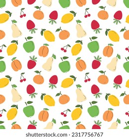 Seamless pattern with tasty fresh fruits: cherry, apple, strawberry, lemon, apricot with black line on white background. HAnd drawn vector flat cartoon doodle illustrations. Kitchen, textile, texture