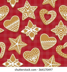 Seamless pattern with tasty gingerbreads on a red background