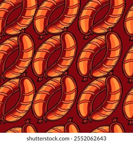 Seamless pattern Tasty grilled sausages, delicious appeal of barbecued treats. Ideal for menus, food packaging, or summer barbecue themes. Vector illustration.