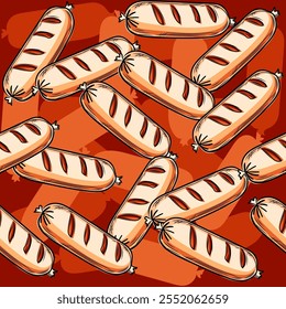 Seamless pattern Tasty grilled sausages, delicious appeal of barbecued treats. Ideal for menus, food packaging, or summer barbecue themes. Vector illustration.