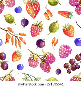Seamless pattern with tasty hand drawn berries - strawberry, wild strawberry, currant, raspberry, barberry, gooseberry, blueberry