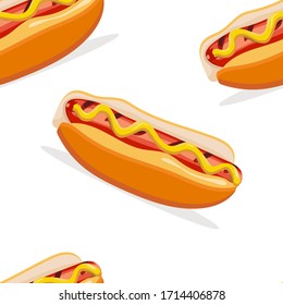 Seamless pattern of tasty Hot dogs with sausage, tomato ketchup and mustard sauce isolated on white background. Design for wrapping paper, textile, fabric and etc.