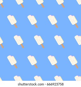 Seamless pattern with tasty ice cream on a blue background. Vector illustration.