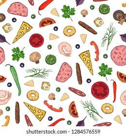 Seamless pattern with tasty ingredients or toppings for Italian pizza - ham, salami, pepper, cheese, mushrooms, pineapple cut into slices or pieces. Realistic vector illustration for wrapping paper.