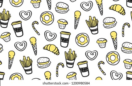 Seamless pattern with tasty junk food. Cartoon style. Idea of wrapping paper for food or wallpaper for cafe.