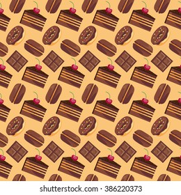 Seamless pattern with tasty macaroons. Sweet donuts isolated on white background. Delicious desserts. Fresh bakery. Can be used in food industry for wallpapers, posters, wrapping paper. Vector