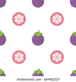 Seamless pattern of tasty mangosteen, exotic natural nutrition, purple vitamin product. Cartoon flat style