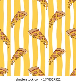 seamless pattern of tasty melted pizza with colored doodle style