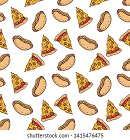 Seamless Pattern of Tasty Pizza And Hot Dog Illustration on White Background