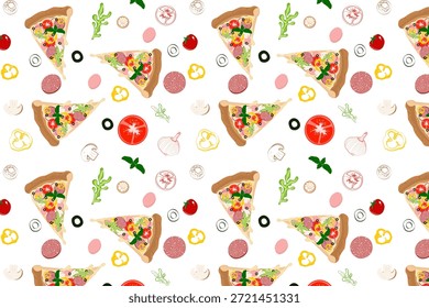 Padrão sem emenda com fatias de pizza saborosas e ingredientes frescos como tomates, cogumelos e azeitonas em um fundo branco. Ilustração vibrante de fast food para decoração de cozinha e café.