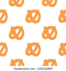 Seamless pattern with tasty pretzel in cartoon flat style. Hand drawn vector background with sweet pastry, bun, bagel.