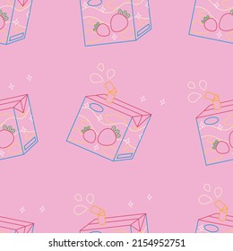 Seamless pattern of  tasty strawberry juice box. Asian product. Cute bright tasty milk. Kawaii Japanese style. Soft Drink in paper box.  Hand drawn color trendy vector illustration.