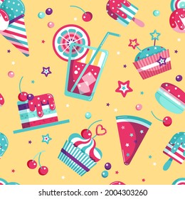 Seamless pattern of tasty sweet food, drink for Summer party. Vector illustration of ice cream, watermelon, fruits, cherry, blueberries, cupcake, macaroon, juice with orange or lemon in pastel colors