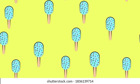 Nahtlose Muster mit leckeren, süßen Eis auf hellem Hintergrund. Kulisse mit köstlichen, gefrorenen, cremigen, erfrischenden Sommerdesserts. Flaches Cartoon, Vektorgrafik zum Verpacken von Papier, Stoffdruck.