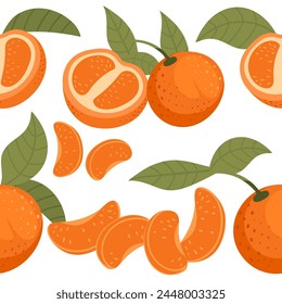 Seamless pattern of tasty tropic mandarin orange fruit citrus family with leaves vector illustration on white background