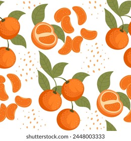 Seamless pattern of tasty tropic mandarin orange fruit citrus family with leaves vector illustration on white background