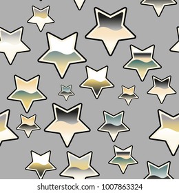 Seamless pattern with tattoo silver, gold, chrome, copper stars on grey background. Vector illustration.
