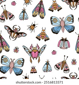 Seamless pattern in tattoo style with moth, butterfly, bags. Retro style background with insects. Vector illustration 