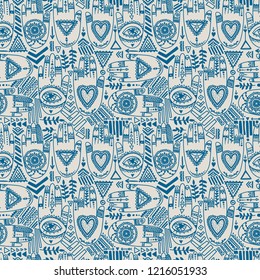 seamless pattern with tattooed hands and ethnic or esoteric symbols, blue colors, doodle vector illustration