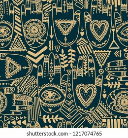seamless pattern with tattooed hands and ethnic or esoteric symbols, doodle vector illustration