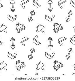 Seamless pattern of taxi, bathtub, dumbbell is made of line icons 