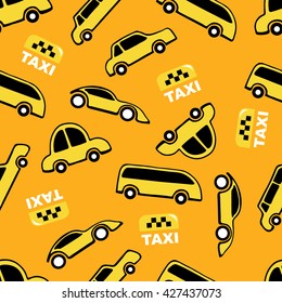 Seamless pattern of taxi cars on yellow background.