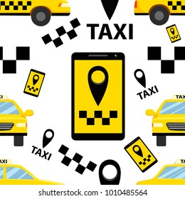 Seamless pattern of taxi transportation service smartphone logo and car vector illustration on white background website page and mobile app design.