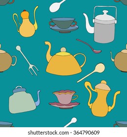 Seamless pattern of Tea accessories. Hand-drawn in a children's style. Isolated on a green background. Vector illustration