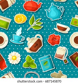 Seamless pattern with tea and accessories, packs and kettles.