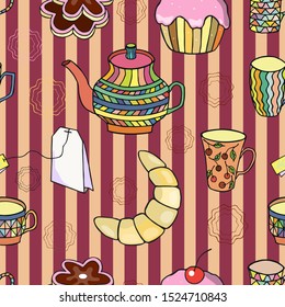 seamless pattern. tea bag, cookies, croissant cupcake. eps10 vector illustration. hand drawing.