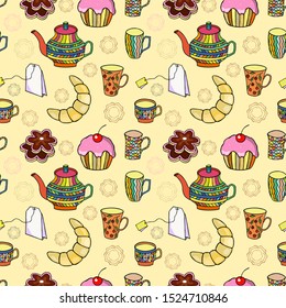 seamless pattern. tea bag, cookies, croissant cupcake. eps10 vector illustration. hand drawing.