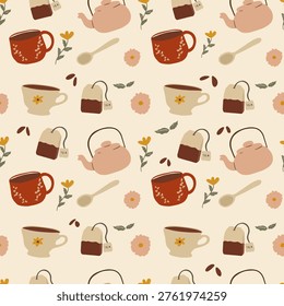 Seamless Pattern of Tea Bag Teapot and Floral Elements