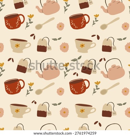 Seamless Pattern of Tea Bag Teapot and Floral Elements