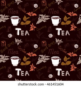 Seamless pattern with tea bags, cups, tea leaves and flowers