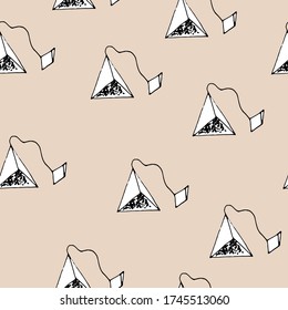 Seamless pattern with tea bags. Design of packaging paper for tea varieties. Vector isolated illustration with bags on a beige background. Printing on fabrics, clothing, and dishes. Doodle style.