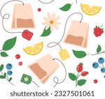 Seamless pattern with tea bags. Repeating design element for printing on fabric. Lemon and berries, chamomile. Hot drink, traditional morning breakfast. Cartoon flat vector illustration