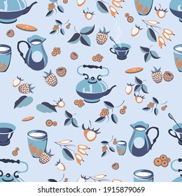 Seamless pattern tea with berries milk and lemon.