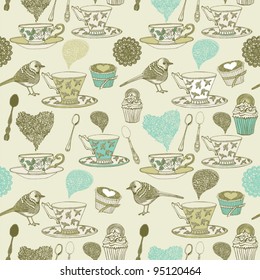  seamless pattern tea and birds