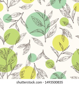 Seamless pattern with tea: branch and tea leaves. Green tea. Vector hand drawn illustration. 