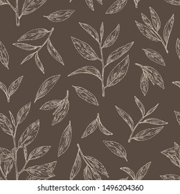 Seamless pattern with tea: branch and tea leaves. Green tea. Vector hand drawn illustration. 