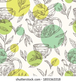 Seamless pattern with tea: branch and tea leaves, a cup of tea and teapot. Green tea. Vector hand drawn illustration. 