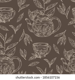 Seamless pattern with tea: branch and tea leaves, a cup of tea and teapot. Green tea. Vector hand drawn illustration. 